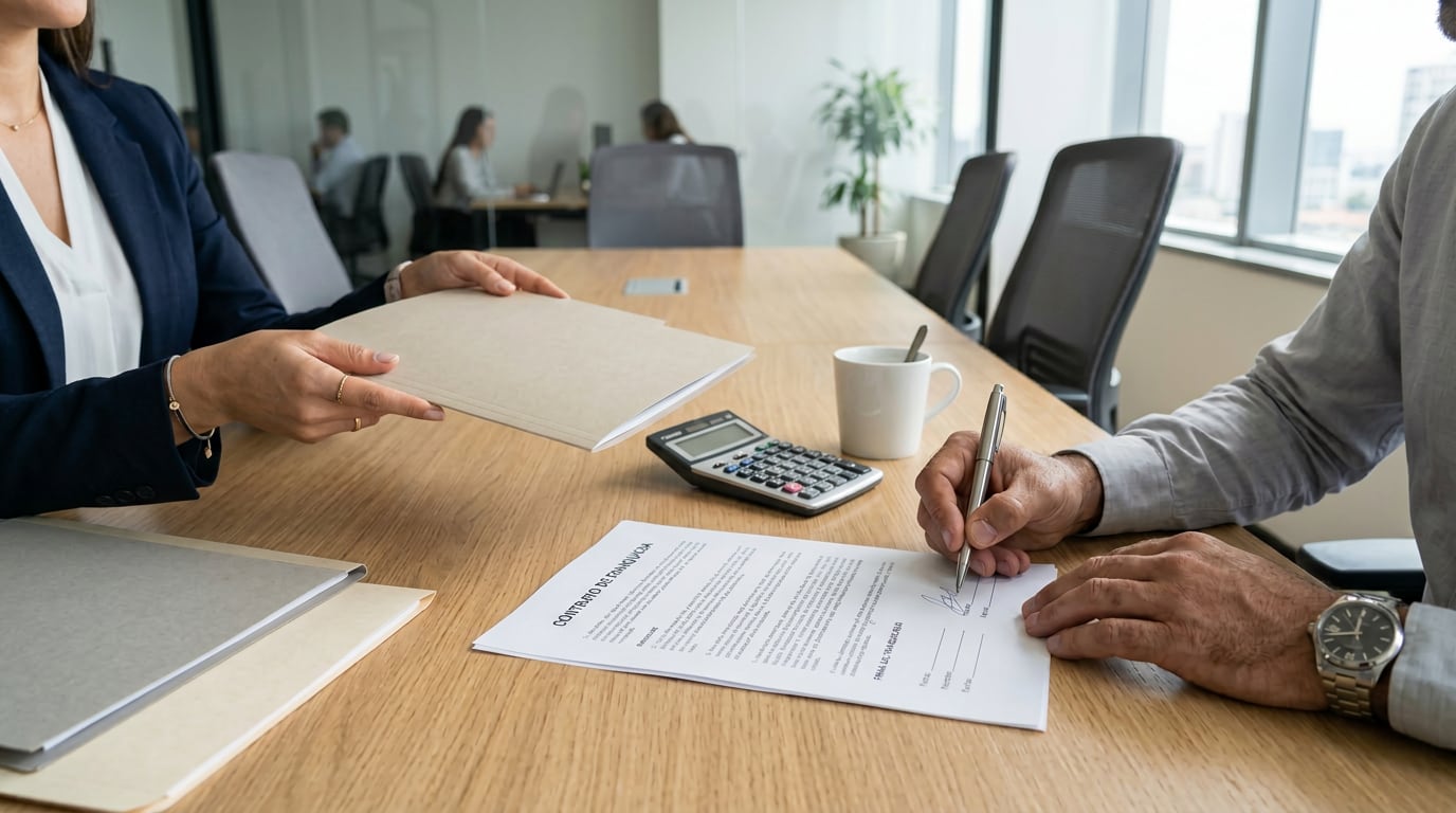 Persona firma contrato de franquicia en oficina mientras se ilustra la expansión de negocios con puntos de ubicación en Costa Rica y atención en un local comercial