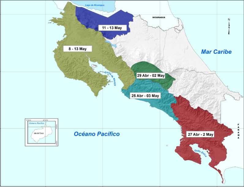 Mapa de Costa Rica con las fechas estimadas del inicio de la estación lluviosa 2025 según el IMN, mostrando el adelanto en el Pacífico Sur (27 abril - 2 mayo) y el inicio más tardío en la Zona Norte Occidental (11 - 13 mayo).