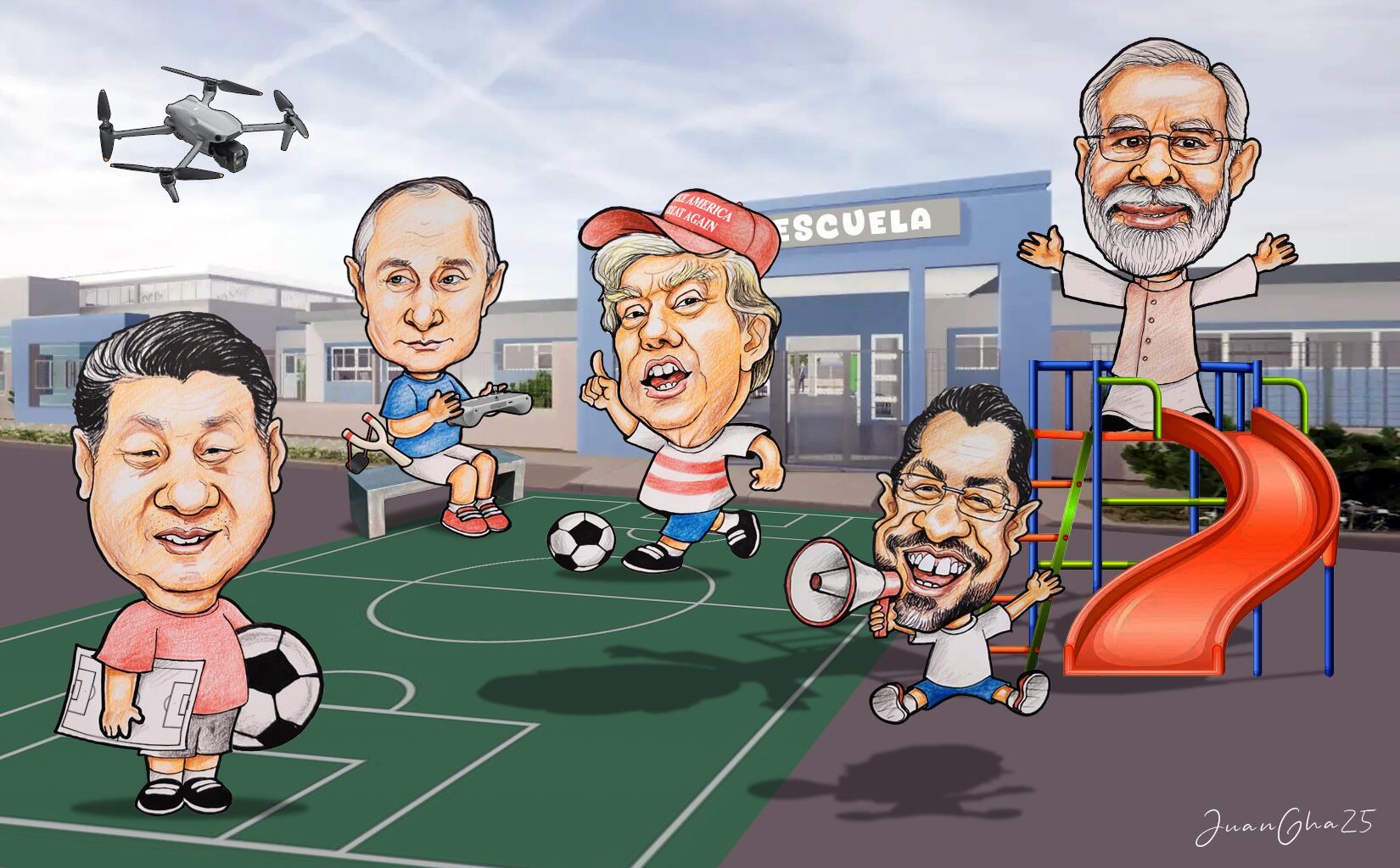 Xi Jinping, Donald Trump, Vladimir Putin, Narenda Modi y Rodrigo Chaves en caricatura. Uso exclusivo de Opinión.