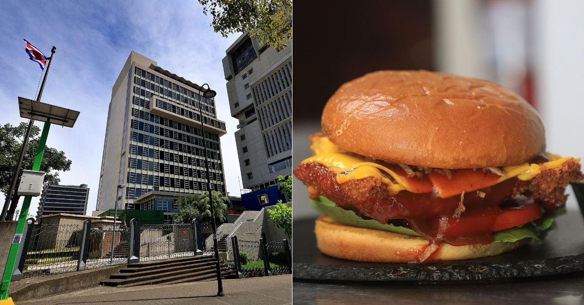 En la imagen la fachada de la CCSS y una hamburguesa