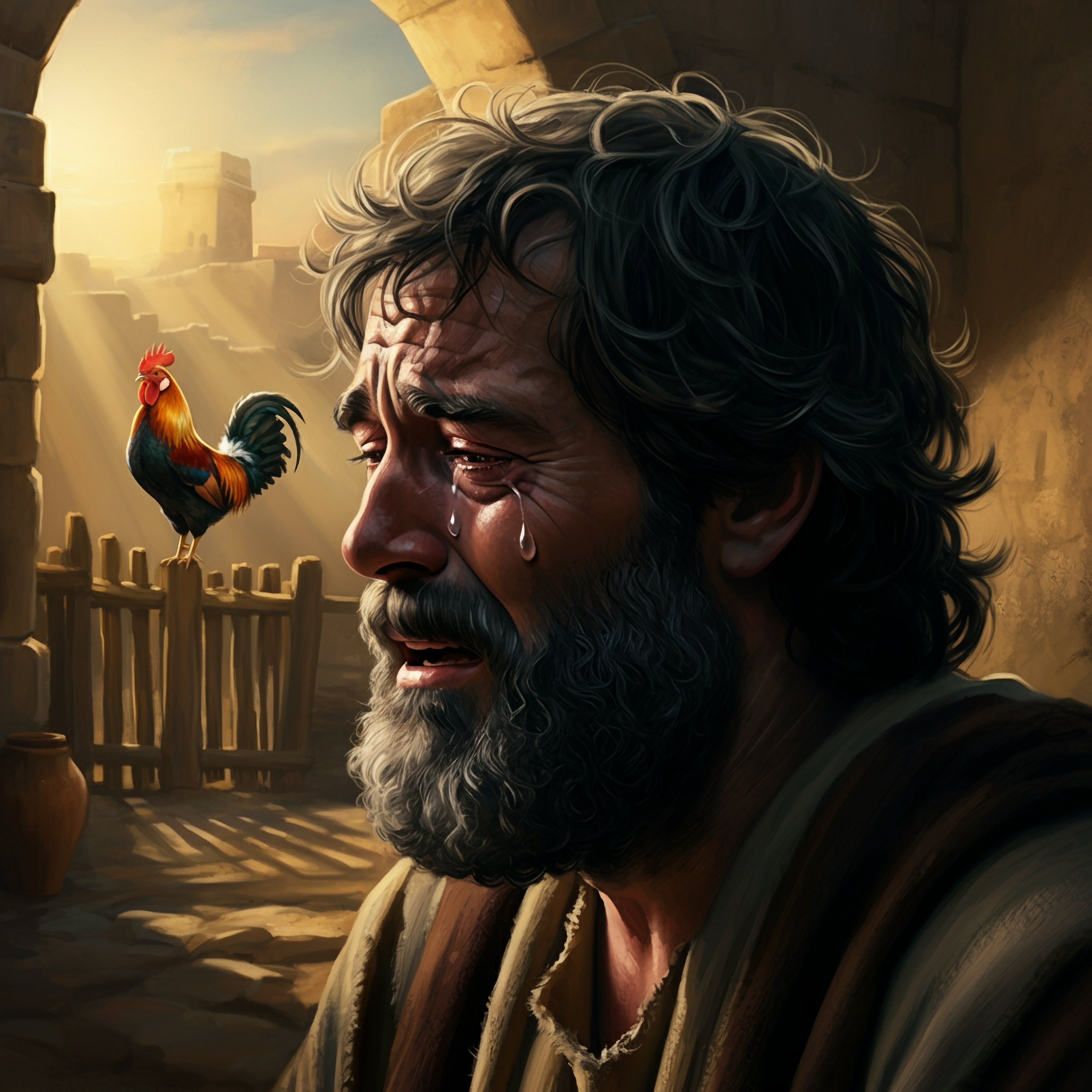 Las negaciones de Pedro y el gallo que canta. Pedro, Jesús, pasión de Cristo. Pedro niega tres veces conocer a Jesús; luego del canto del gallo, llora.