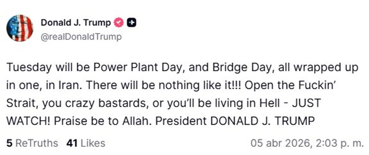 El presidente advierte que el martes será un “Día de destrucción” en Irán.