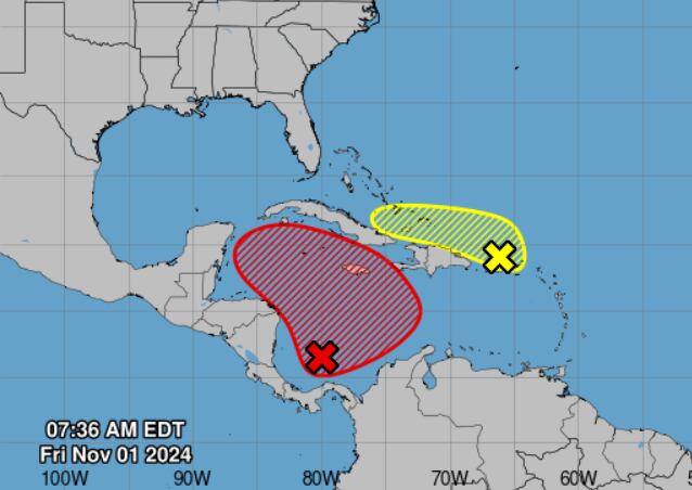 El sistema de baja presión en el Caribe (rojo) tiene un 70% de posibilidades de consolidarse como ciclón la próxima semana. El IMN lo sigue de cerca por eventual afectación al país. Imagen: Centro Nal. de Huracanes.