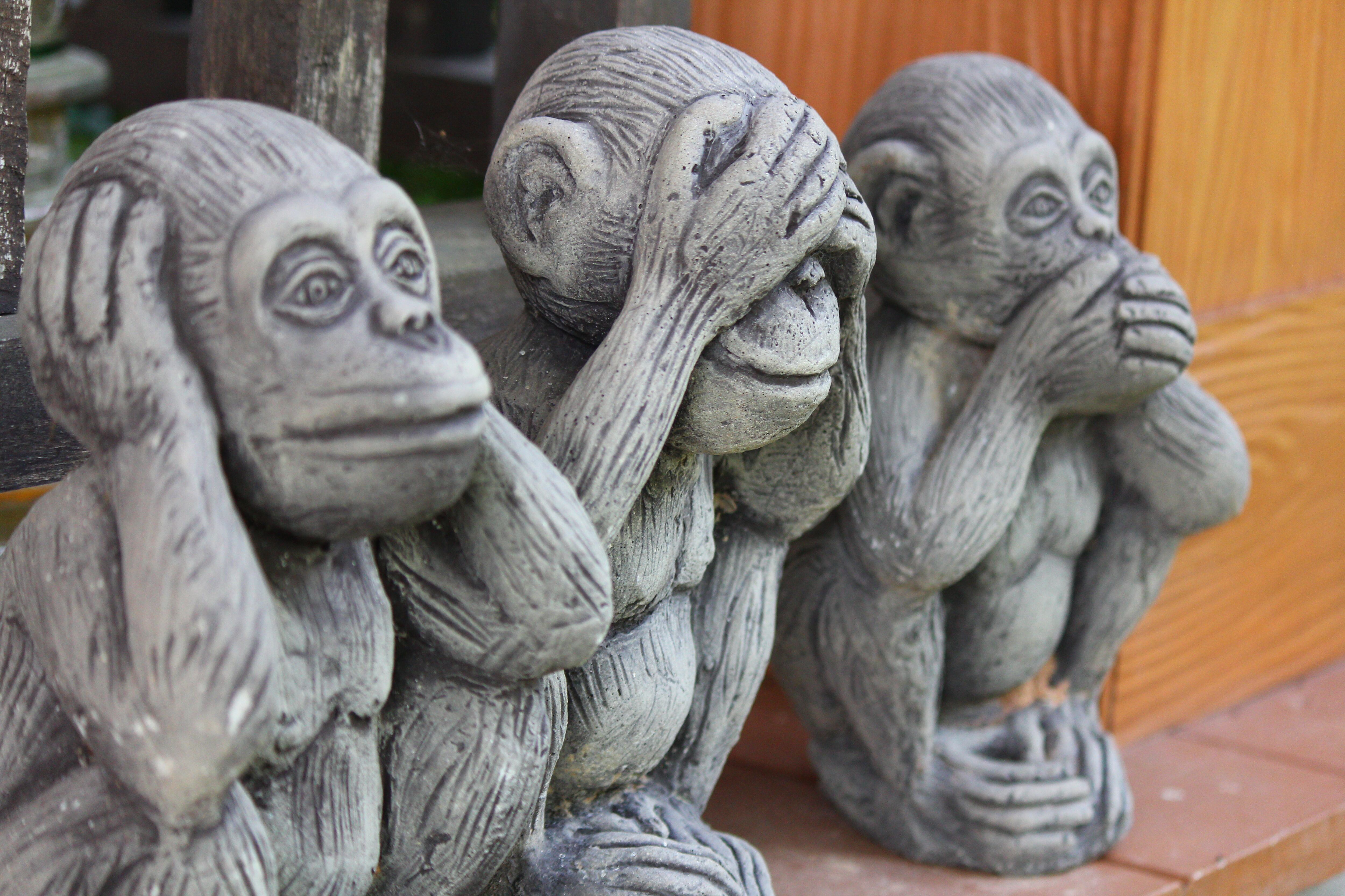 No oír, no ver, no hablar. Silencio, elegir callar, monos tapándose oídos, ojos y boca