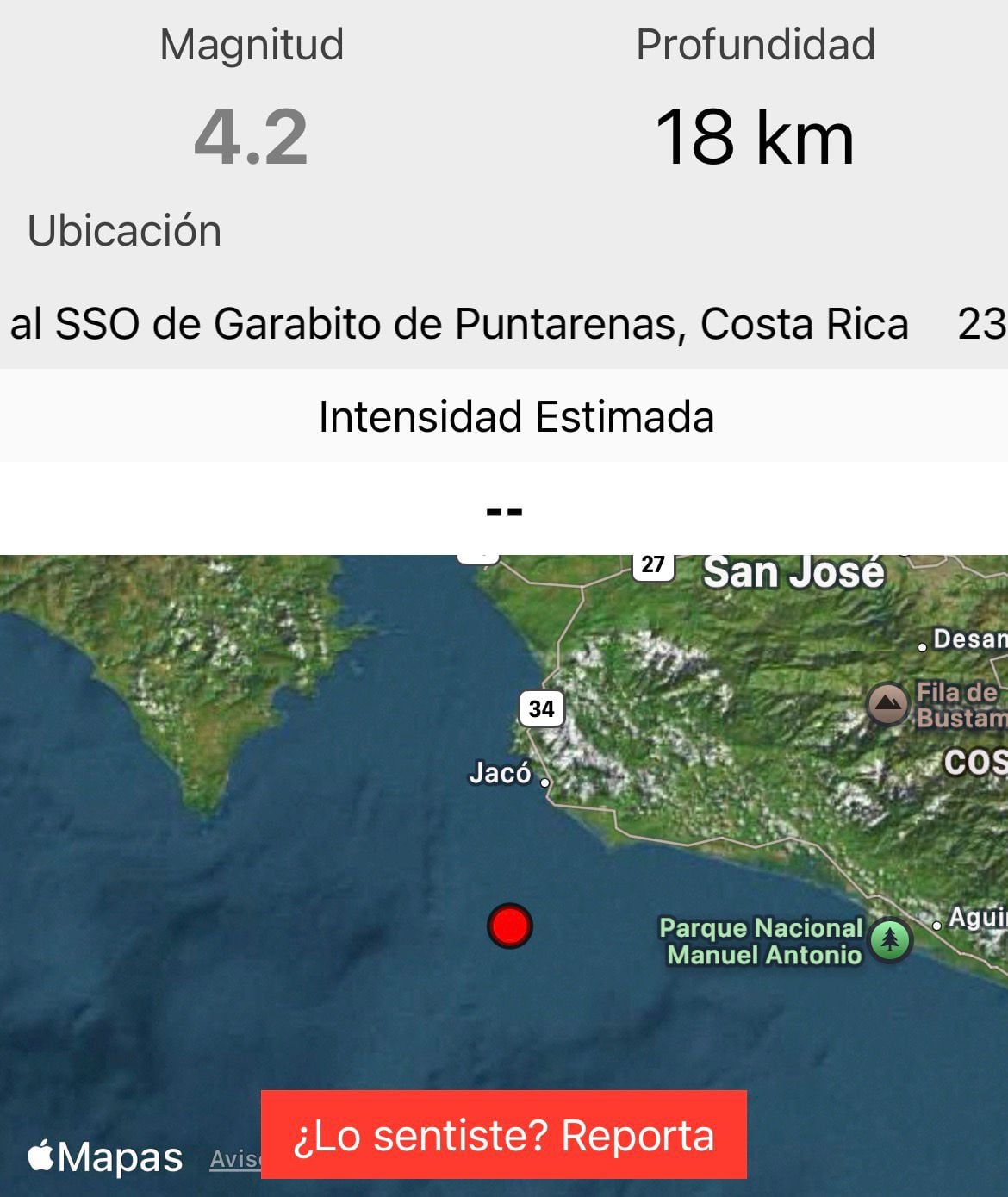 Cuarto temblor en Garabito, Puntarenas.