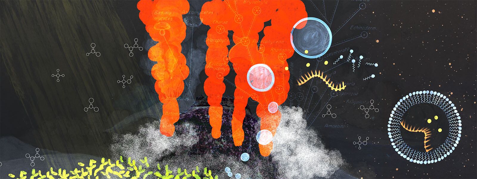 Un dibujoo conceptural sobre fuentes hidrotermales.