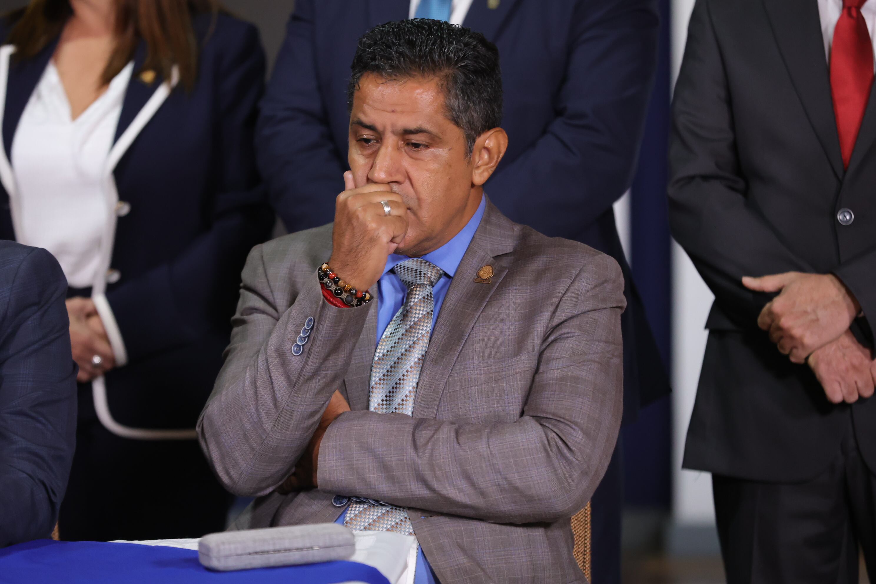 24/06/2025/ Los jerarcas de Educación, Leonardo Sánchez; de Hacienda, Nogui Acosta; de Mideplán, Marta Esquivel, y del Micitt, Paola Nájera, Maria Estrada durante conferencia de prensa en el cuarto encuentro para negociar el FEES 2026. /foto John Durán