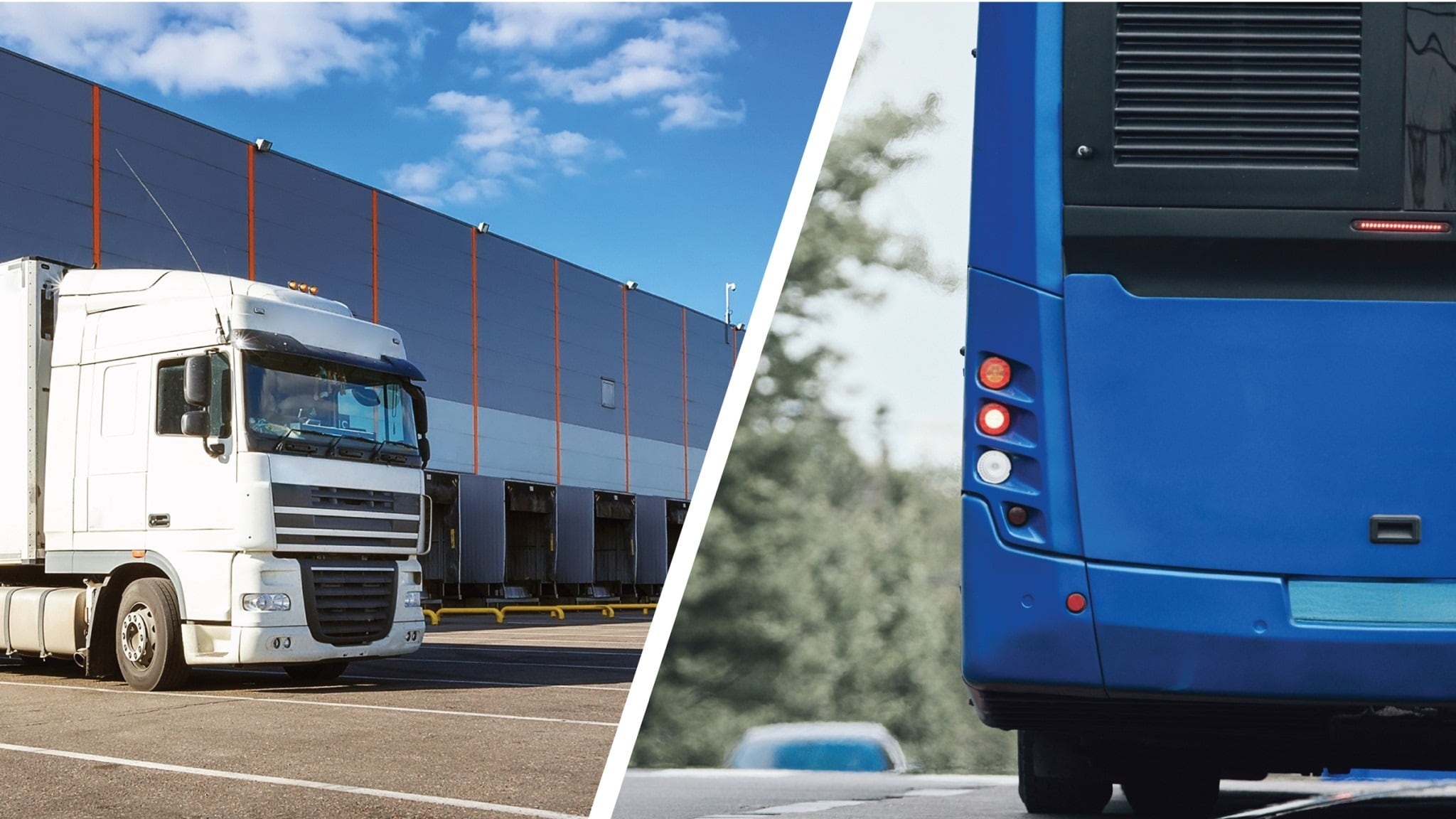 En la imagen un camión de carga pesada y la parte trasera de un autobús