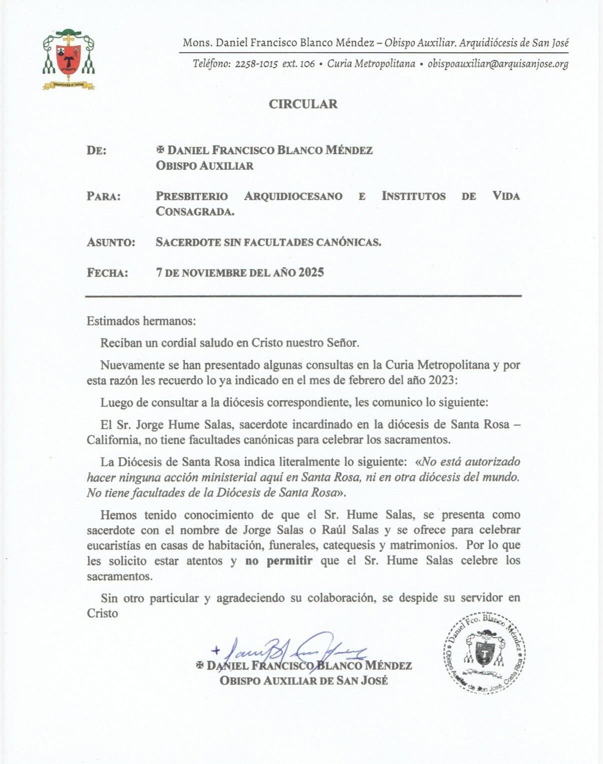 Carta del obispo auxiliar de San José haciendo la advertencia.