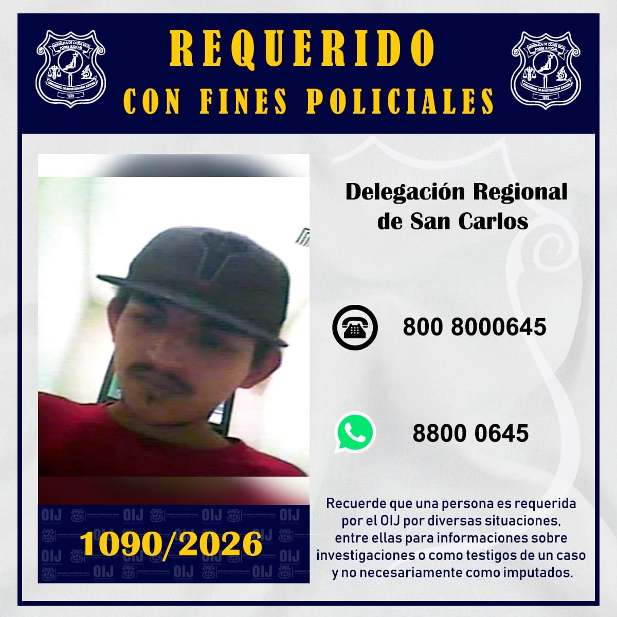 Este sujeto aún sin identificar por el OIJ, es requerido por el asesinato del promotor artístico Agustín Alonso Carvajal Benavides.