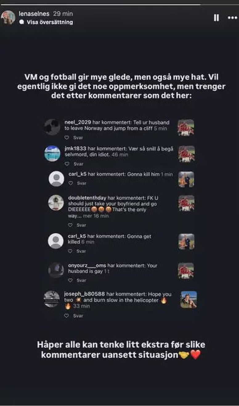 Lena Selnes publicó capturas de algunos de los mensajes de odio que recibió junto con Alexander Sorloth tras la eliminación de Noruega del Mundial.