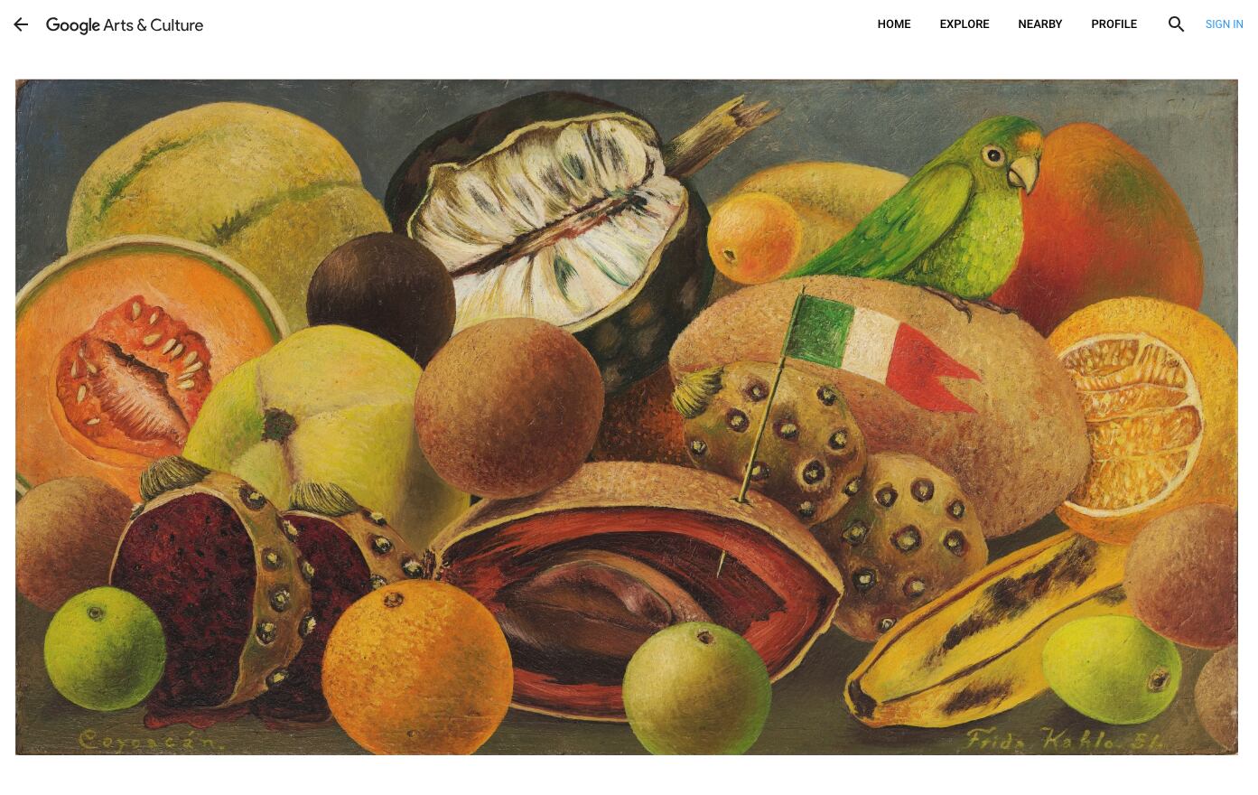 La obra "Naturaleza muerta con perico y bandera": Foto:  
 © 2018 Banco de México Diego Rivera & Frida Kahlo Museums Trust. Av. 5 de Mayo No. 2, Col. Centro, Del Cuauhtémoc, C.P. 06000, Mexico, City. Reproducción autorizada por el Instituto Nacional de Bellas Artes y Literatura, 2018.