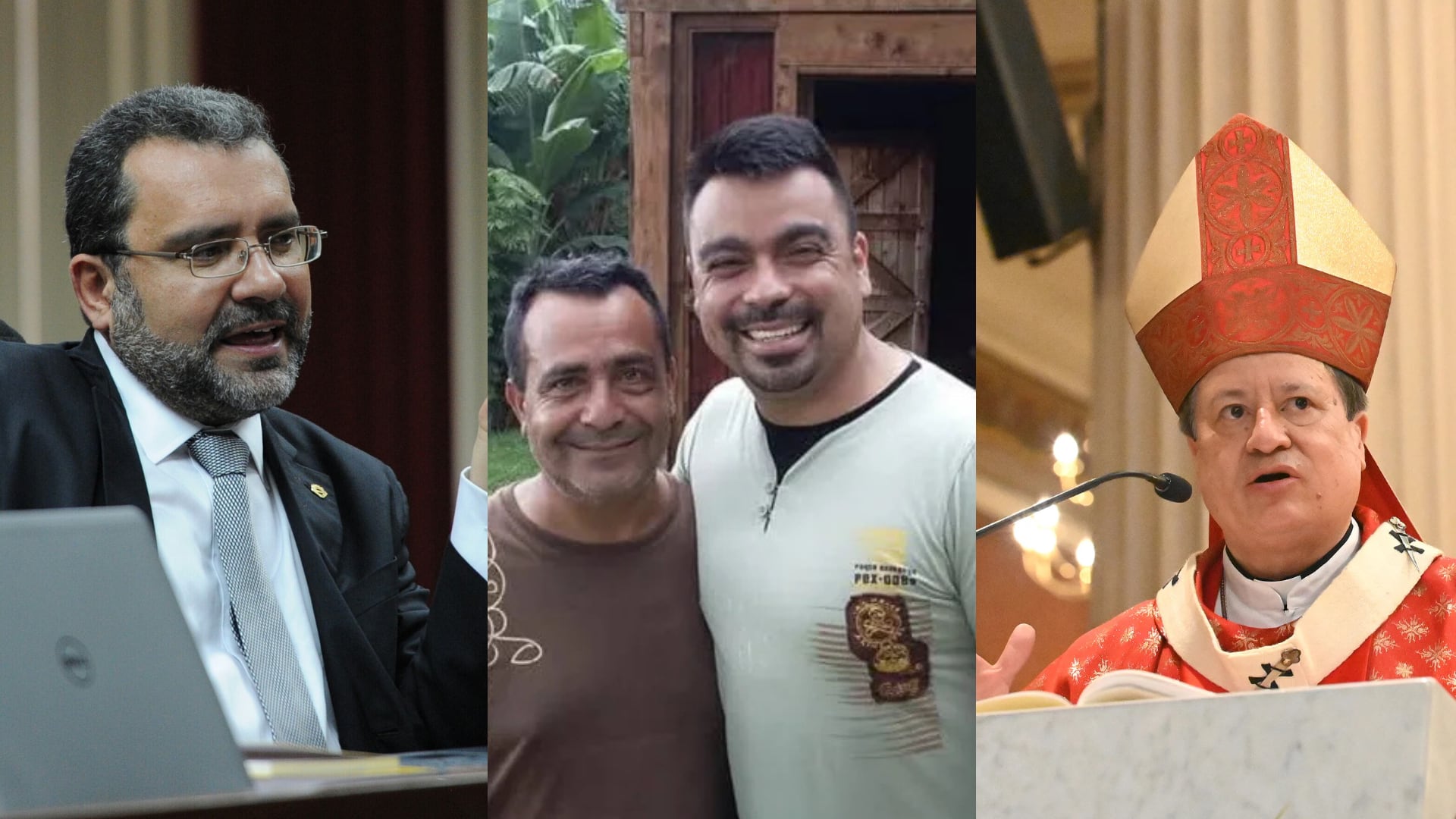 Magistrado Paul Rueda, Giovanni Delgado con su padre, del mismo nombre, y el arzobispo de San José, José Rafael Quirós