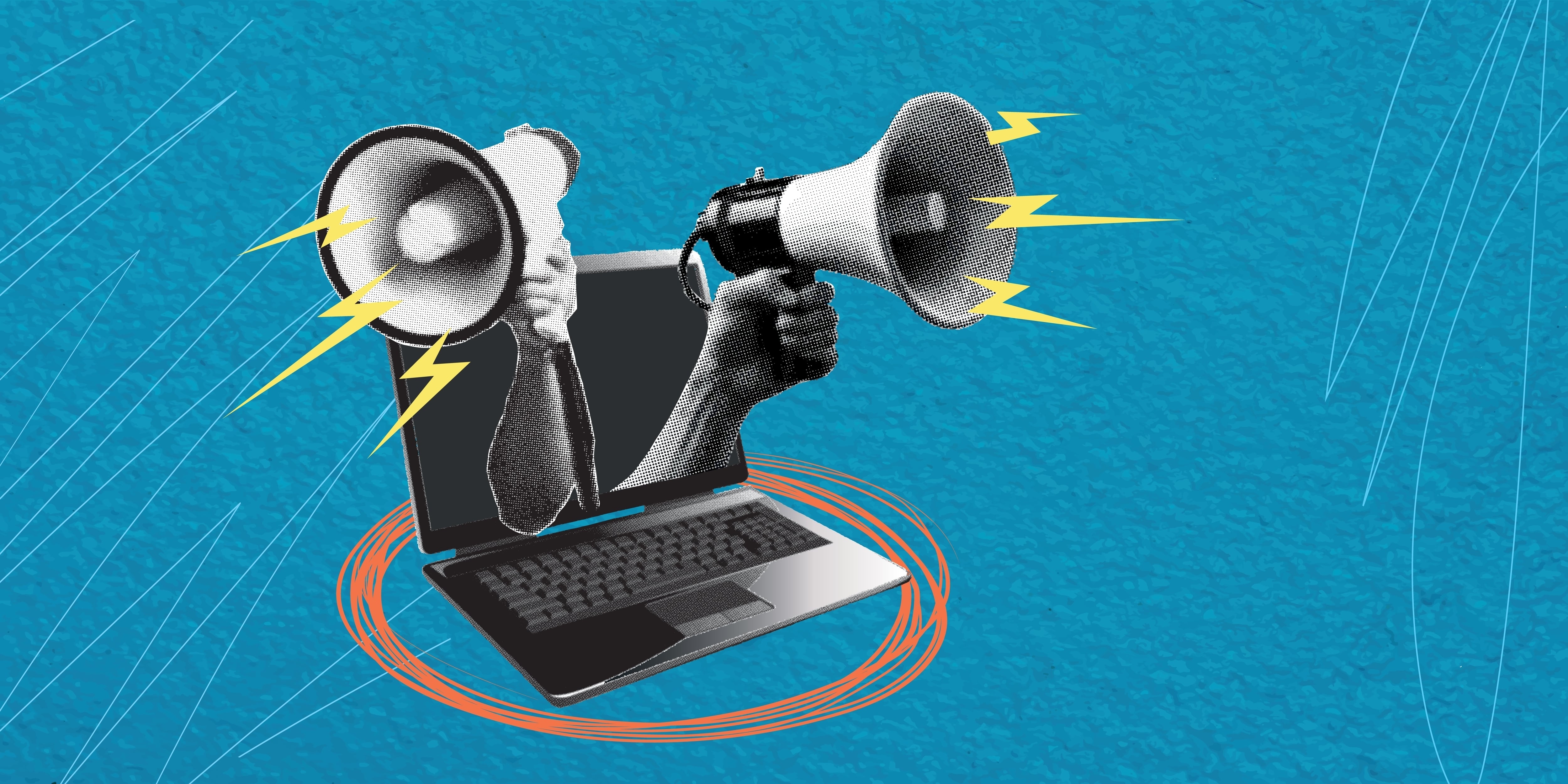 Megáfonos que salen de pantalla de laptop o computadora portátil, poder de la prensa