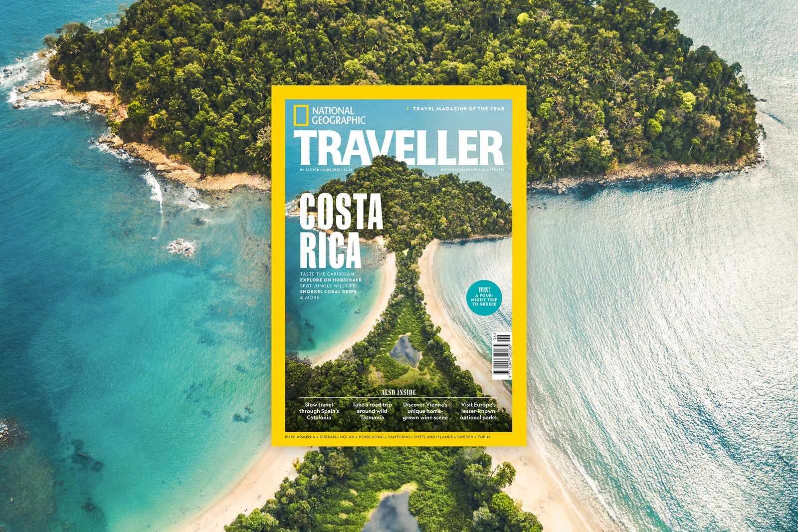La edición de junio de 2026 de National Geographic Traveller del Reino Unido presenta a Costa Rica en su portada. La revista distribuye 58.242 ejemplares impresos certificados en ese país. Foto:
