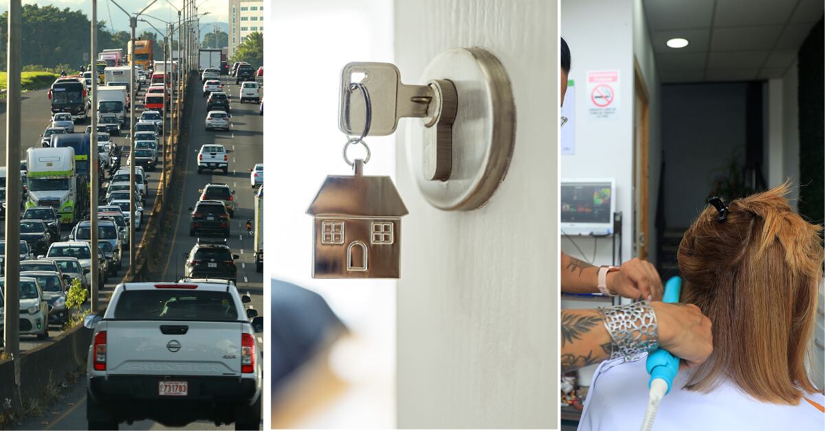 Collage con tres imágenes representativas de los rubros que más crecieron en el gasto de los hogares según la Enigh 2024: tráfico vehicular en carretera, una llave con llavero de casa en una cerradura y una persona recibiendo servicios de cuidado personal en un salón.