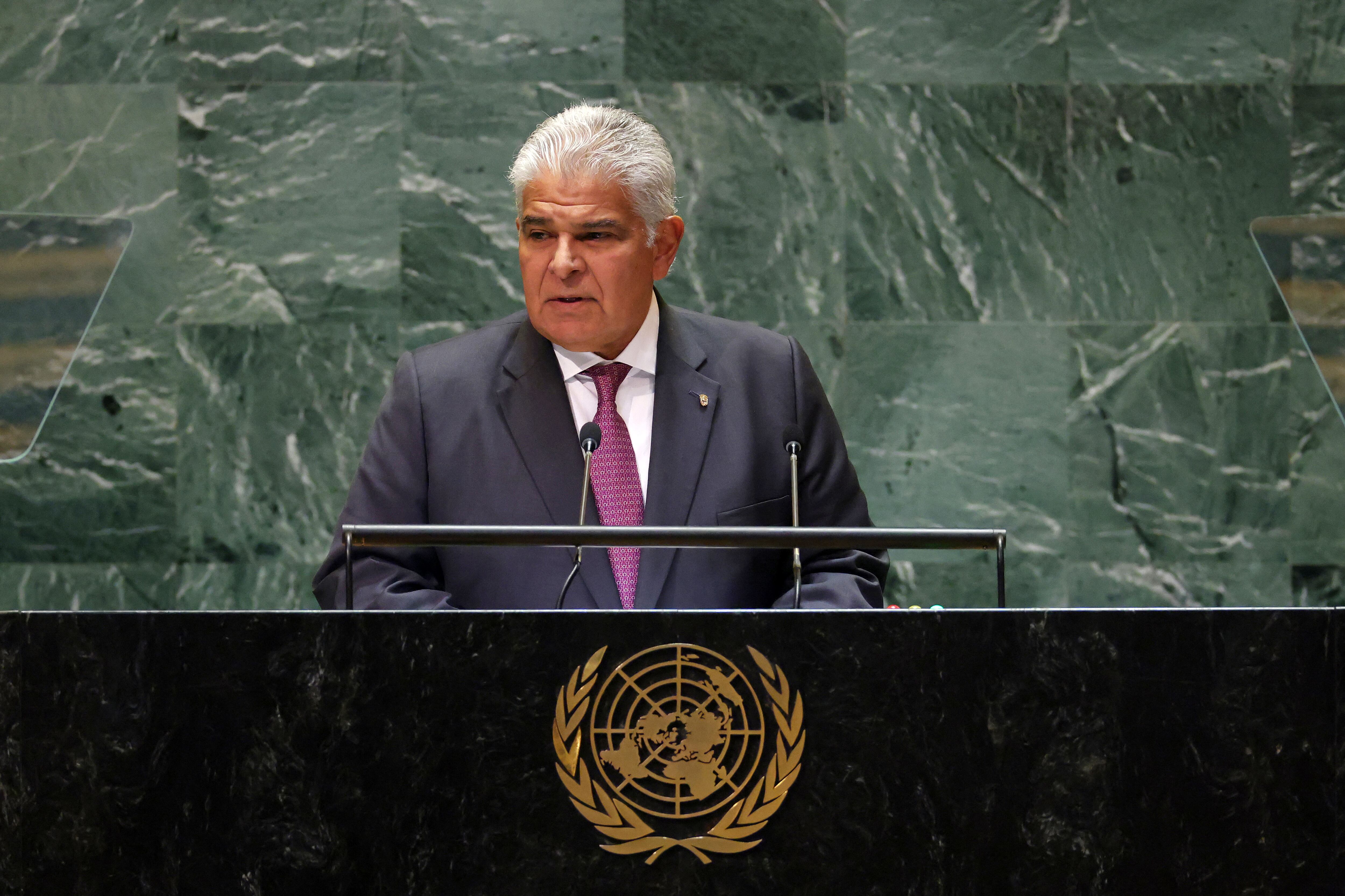 El presidente de Panamá, José Raúl Mulino, habla durante la 79ª sesión de la Asamblea General de las Naciones Unidas en la ciudad de Nueva York.