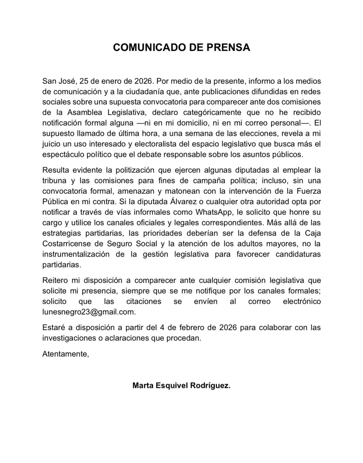 Comunicado emitido por Marta Esquivel, candidata a diputada del oficialismo y exjerarca de la CCSS.