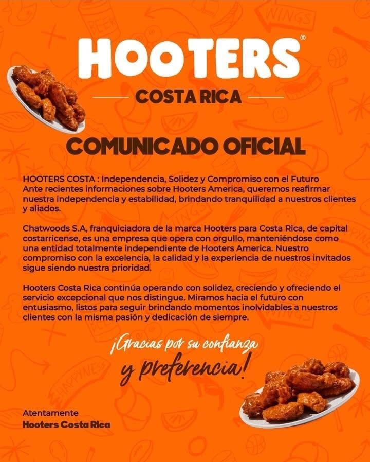 Imagen de un comunicado de la franquicia Hooters en Costa Rica.