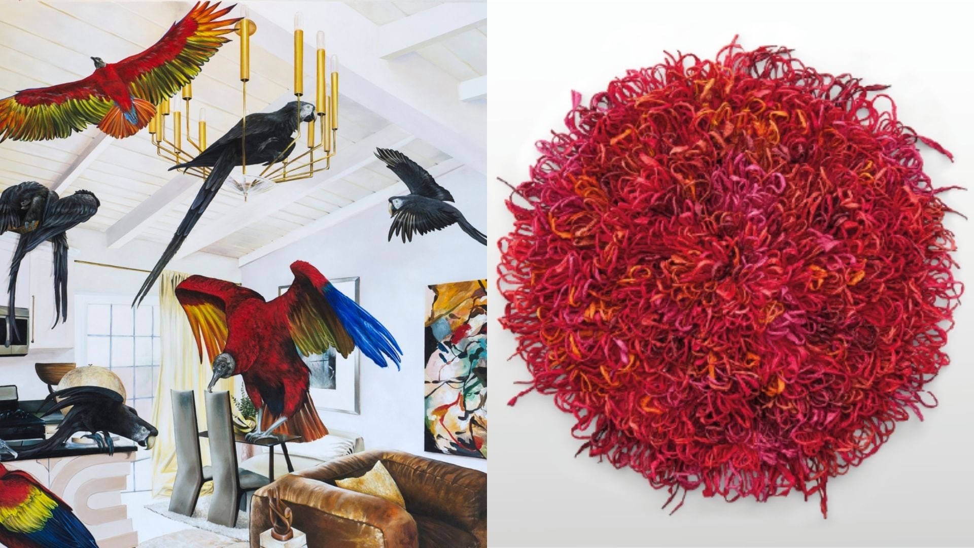 Melissa Matamoros - 'Quién los invitó?' - Acrílicos sobre lienzo - 170 x 150 cm - 2024 y Paulina Ortiz - Gaby - Gazas de papel hecho a mano sobre tela - 90 cm de diámetro - 2026