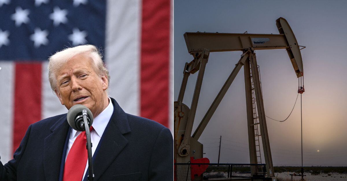 En la imagen, Donald Trump y una extractora de petróleo en Texas