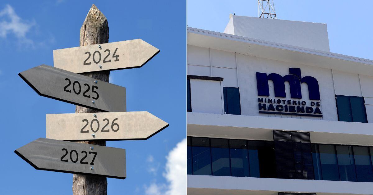 En la imagen unas flechas con años y la fachada del Ministerio de Hacienda.