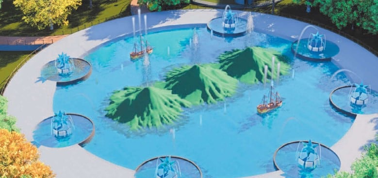 Una de las fuentes propuestas tendría un diseño muy similar al escudo nacional con tres volcanes en el centro, dos barcos a los extremos y siete pequeñas fuentes en los alrededores.