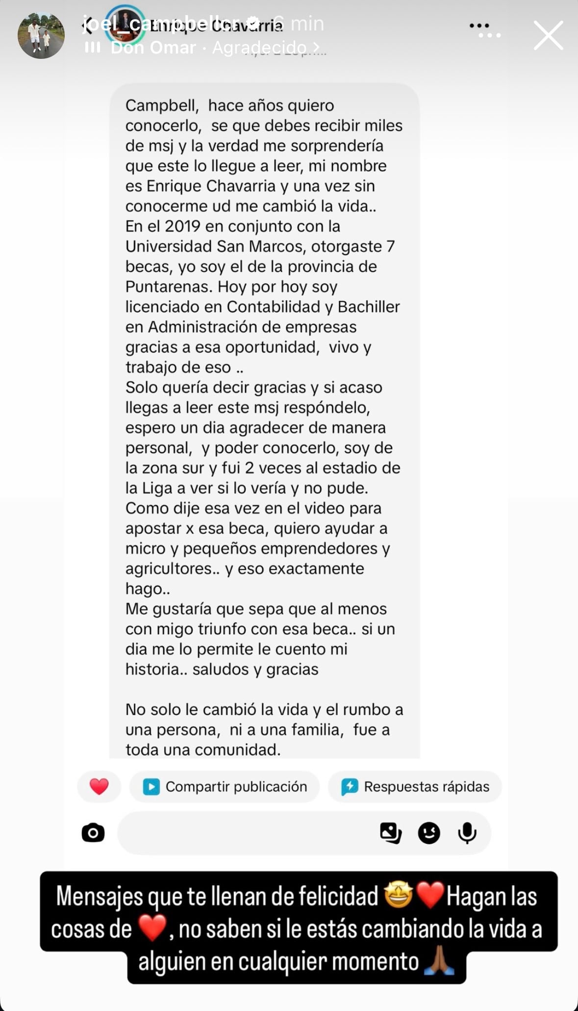 Joel Campbell compartió este mensaje en una historia en su cuenta de Instagram.