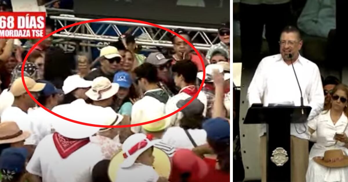 El grupo, encabezado por una mujer de cabello negro y con los tres jóvenes a sus espaldas (dentro del óvalo rojo), tuvo que abandonar el lugar, ante los gritos de los asistentes al acto del gobierno. C