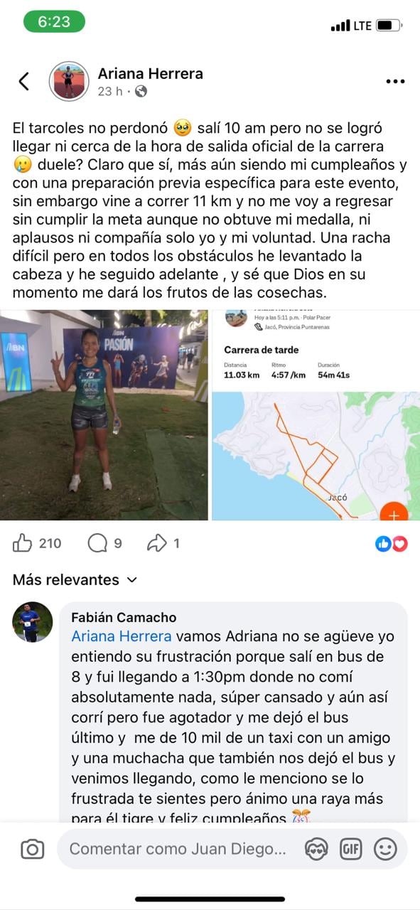 Ariana Herrera
Atleta Equipo Planet Run
Jacó Sunset Run 2026
No llegó por las presas en el río Tárcoles
1 de marzo del 2026
Tomada del Facebook Ariana Herrera