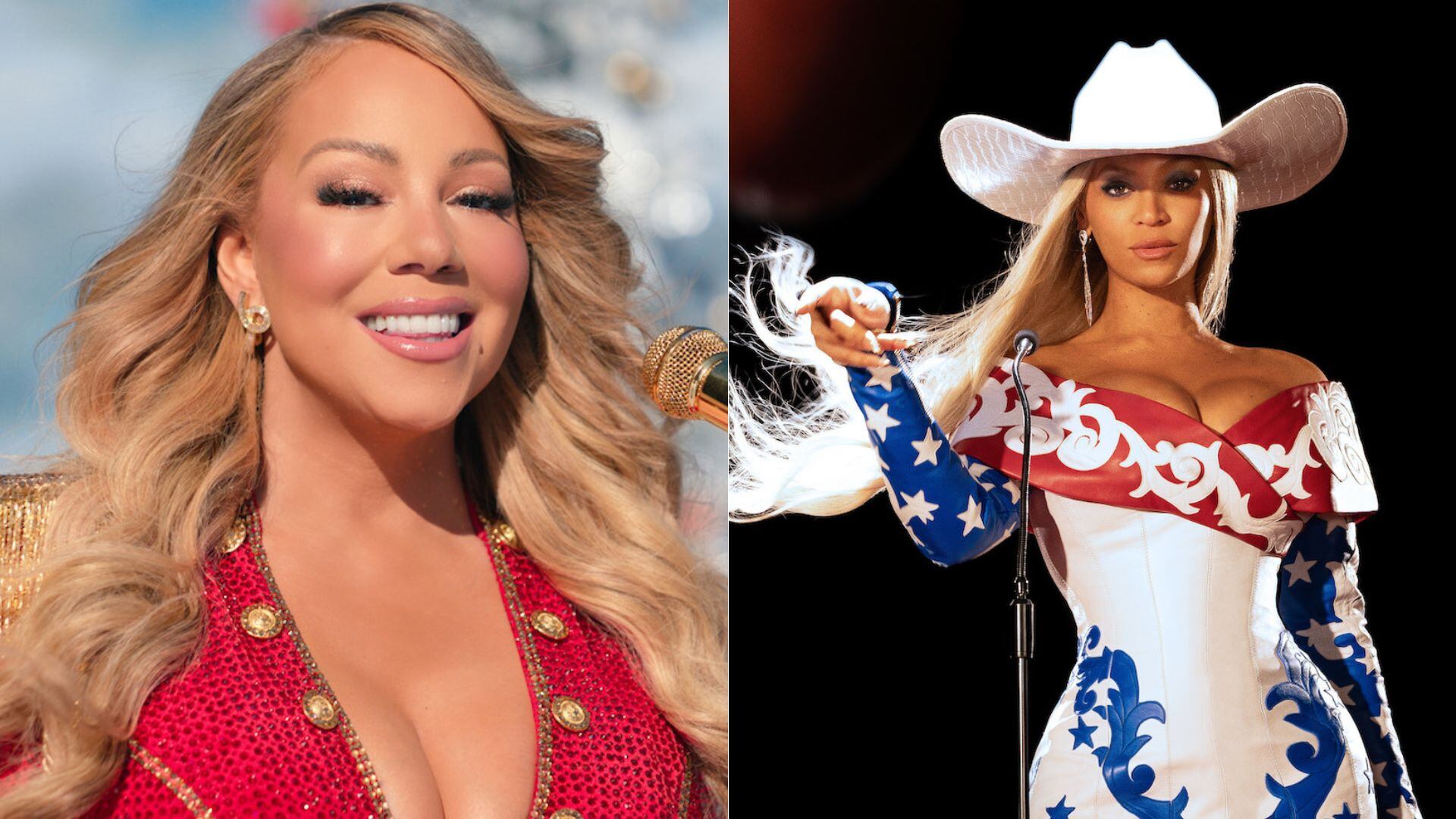 Imágenes de Mariah Carey y Beyoncé, quienes darán presentaciones durante el 'NFL Christmas Gameday' 2024.