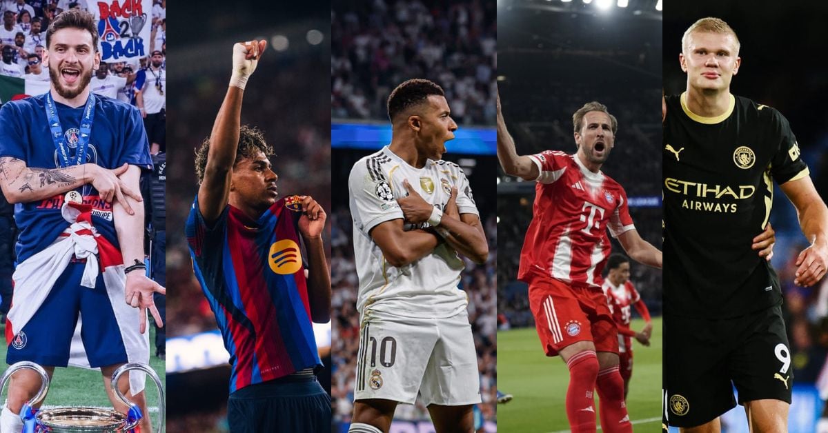 La UEFA Champions League 26/27 inició este marte con el PSG como principal favorito. De izquierda a derecha, Khvicha Kvaratskhelia (PSG), Lamine Yamal (Barcelona), Kylian Mbappé (Real Madrid), Harry Kane (Bayern Múnich) y Erling Haaland (Manchester City).