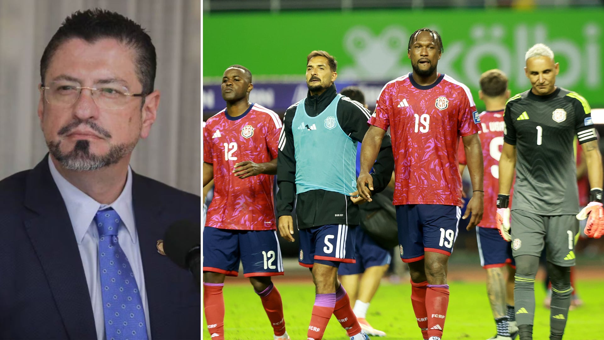 Expresidente y hoy ministro Rodrigo Chaves junto a jugadores de la Selección Nacional de Costa Rica en noviembre 2025, ante selección de Honduras. Último partido del Grupo C por la eliminatoria de Concacaf rumbo al Mundial 2026.