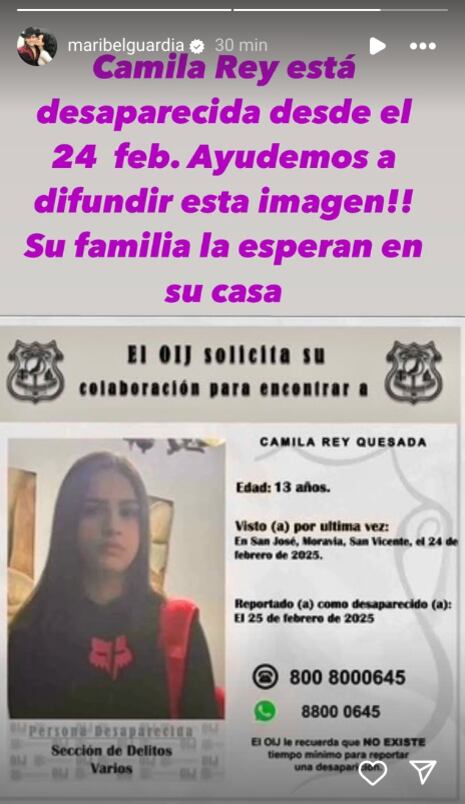 Maribel Guardia compartió la búsqueda de Camila Rey en Instagram con sus más de nueve millones de seguidores.