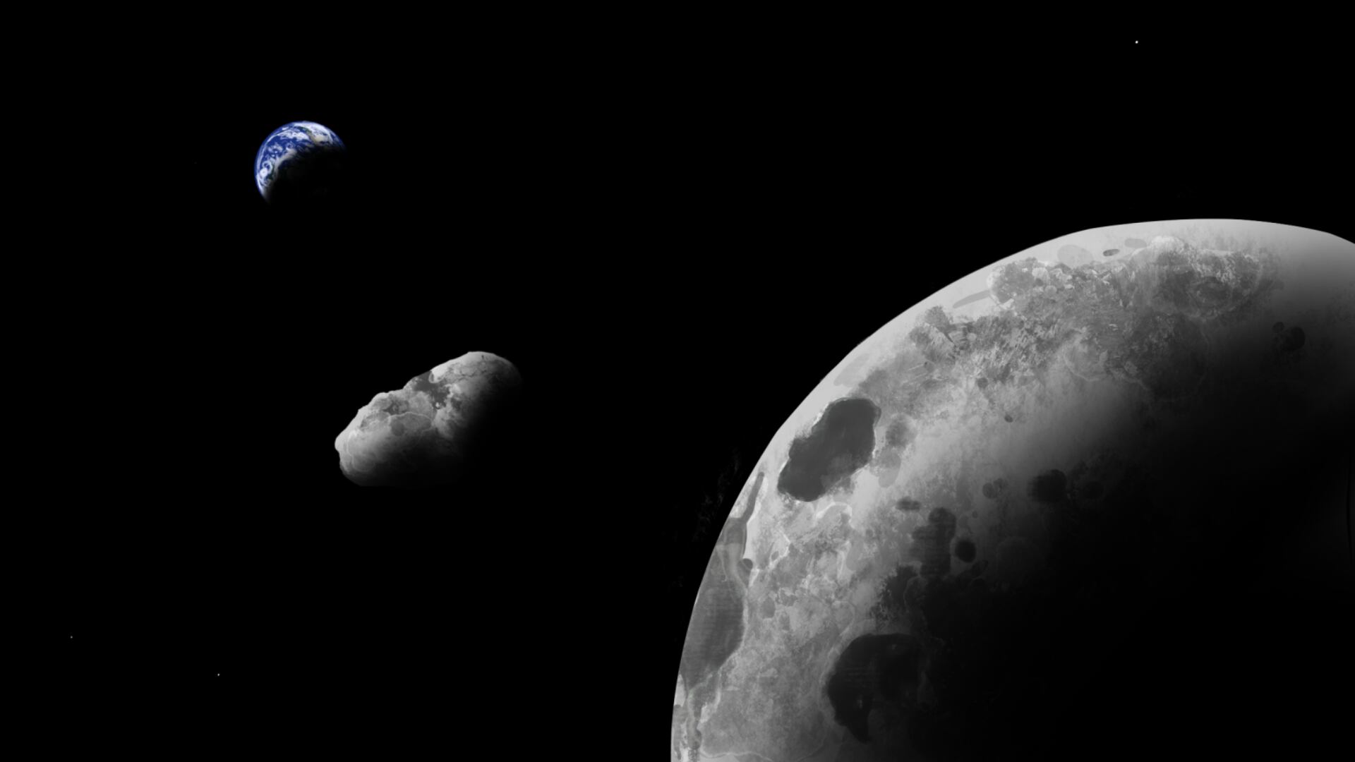 Recreación artística de Kamoʻoalewa junto al sistema Tierra-Luna.