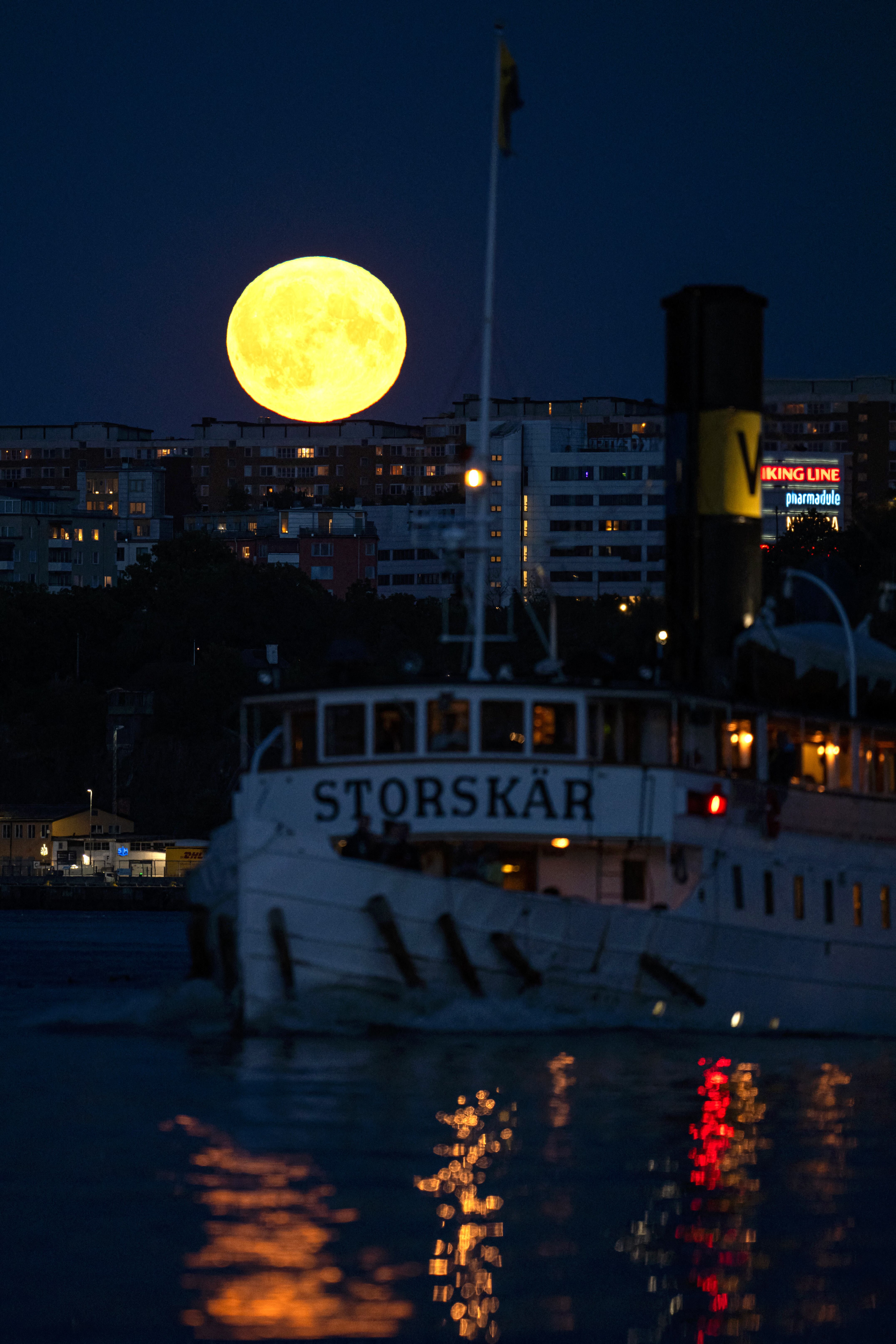 This photograph shows a Super Blue Moon rising behind Nacka, in Stockholm, on August 19, 2024. (Photo by Jonathan NACKSTRAND / AFP)