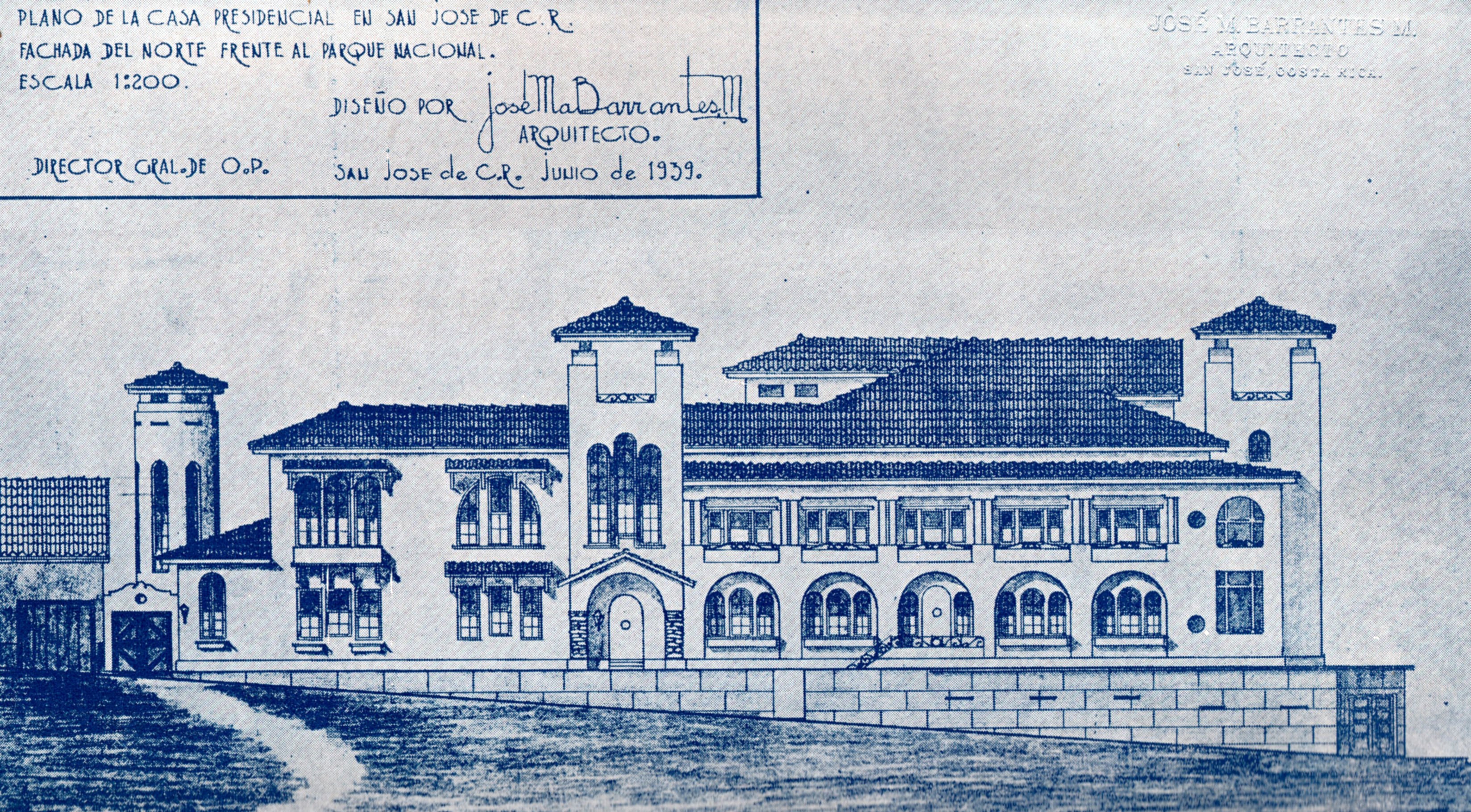 Fachada al norte de la Casa Presidencial, según el anteproyecto del arquitecto José María Barrantes, junio de 1939. Se reproduce del libro 'Cuatro años de la Administración Cortés: Obras de provecho público.1936-1940'.