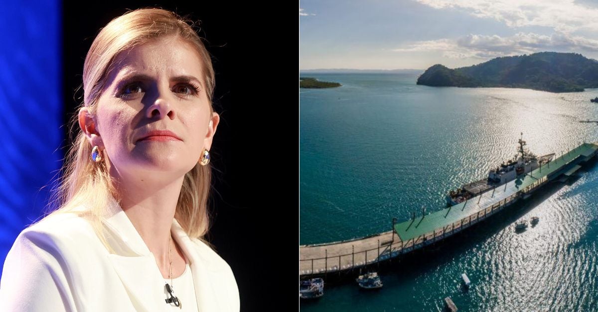 En la imagen, Laura Fernández y una imagen aérea del muelle de Golfito