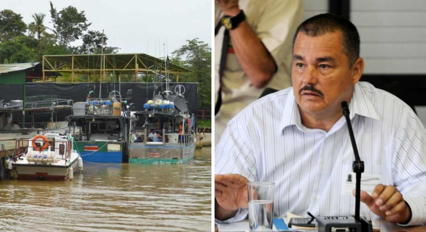Foto de Gilbert Bell Fernández, alias Macho Coca, en una audiencia judicial, junto a embarcaciones pesqueras vinculadas a un polémico embarcadero en Moín, Costa Rica.