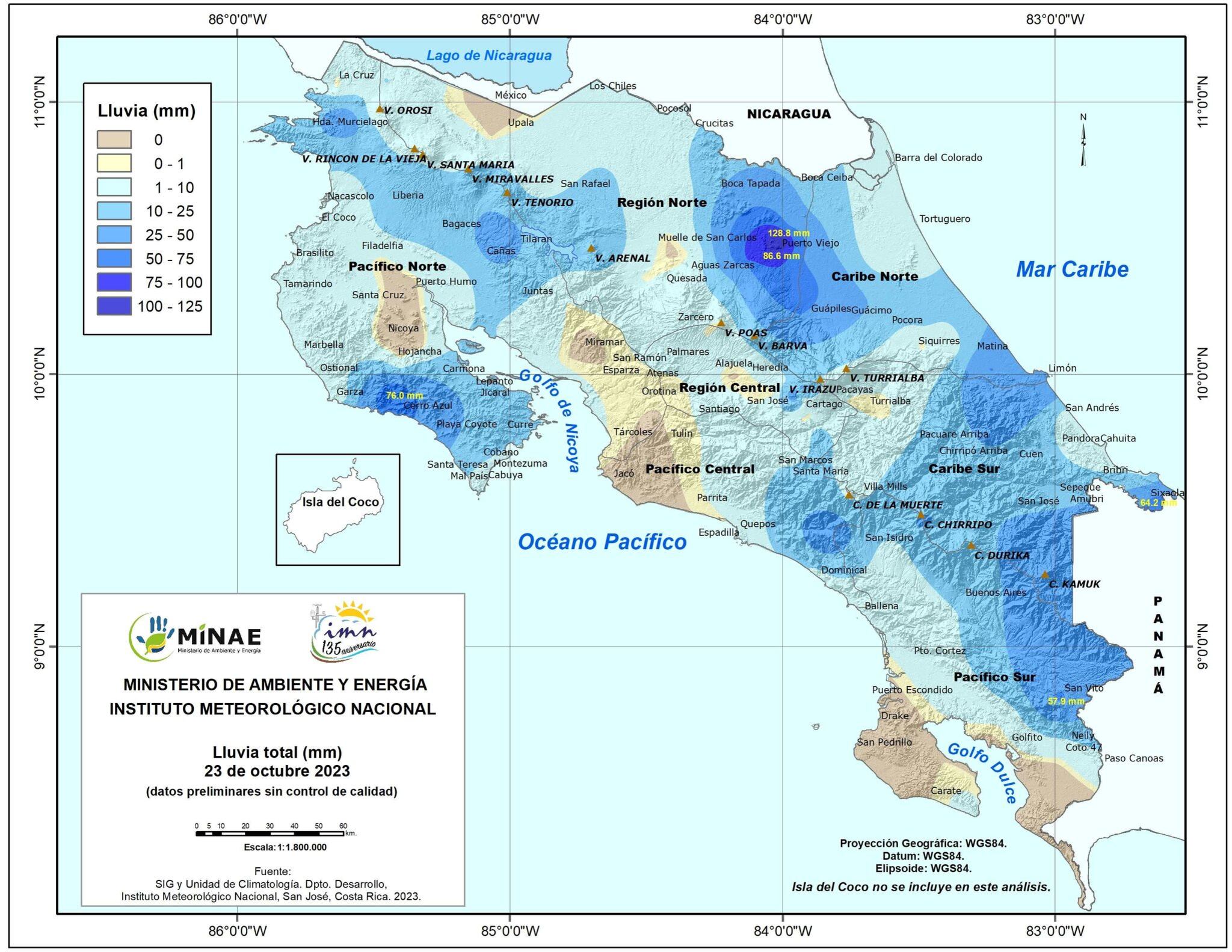 Las lluvias de este lunes alcanzaron montos máximos en Sarapiquí, pero también en la península de Nicoya y en la zona limítrofe con Panamá. Imagen: IMN.