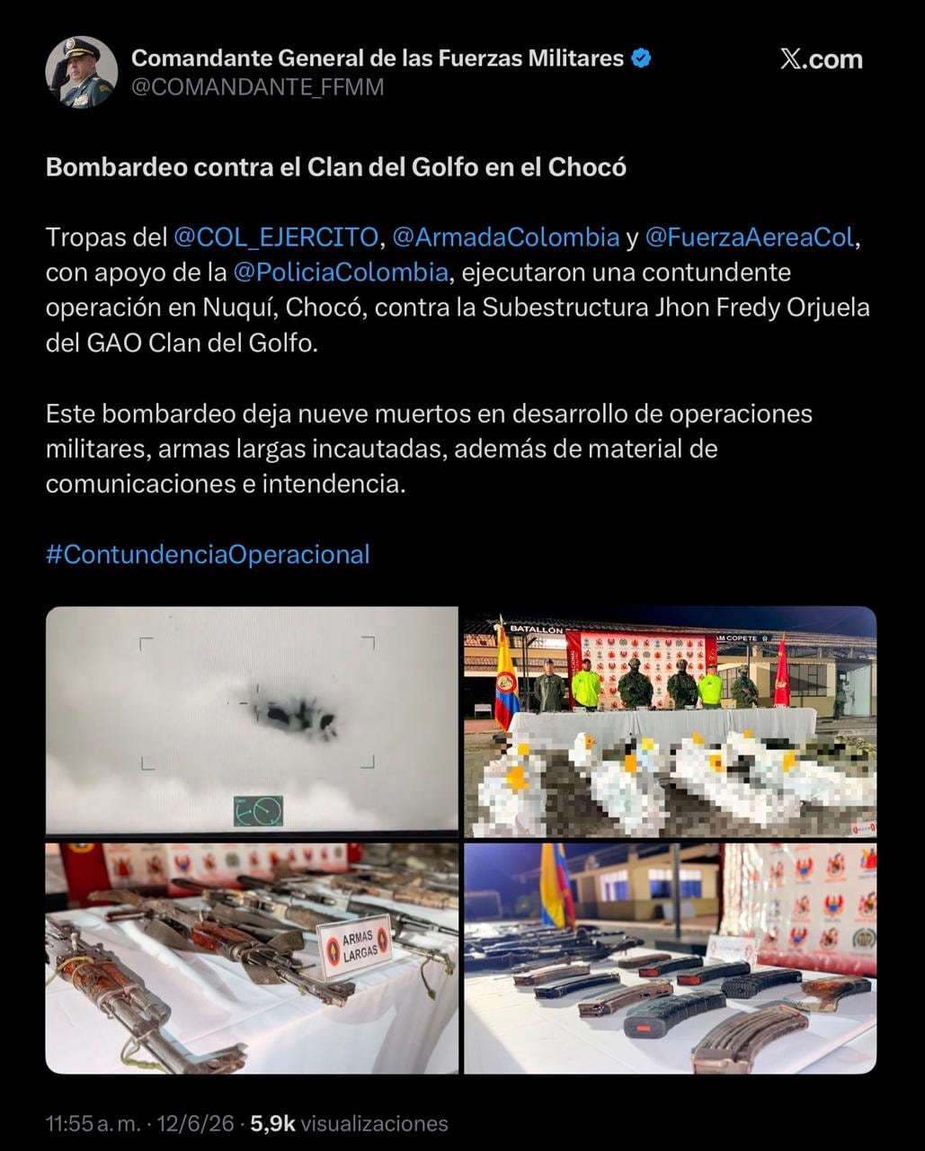 El Comandante General de las Fuerzas Militares de Colombia el General Hugo Alejandro López Barreto, publicó en su red social de X el bombardeo contra el Clan del Golfo.
