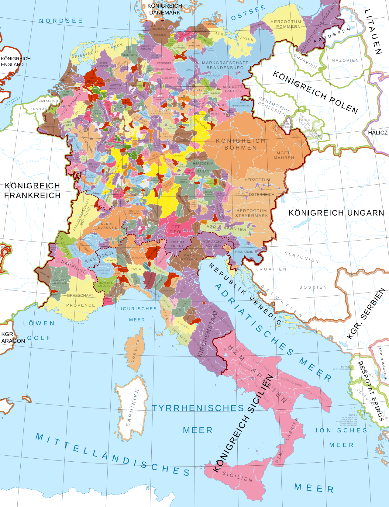 Un mapa en alemán de Europa central durante la época de los emperadores Hohenstaufen, que muestra principalmente los territorios del Sacro Imperio Romano Germánico y del Reino de Sicilia, su máxima extensión.