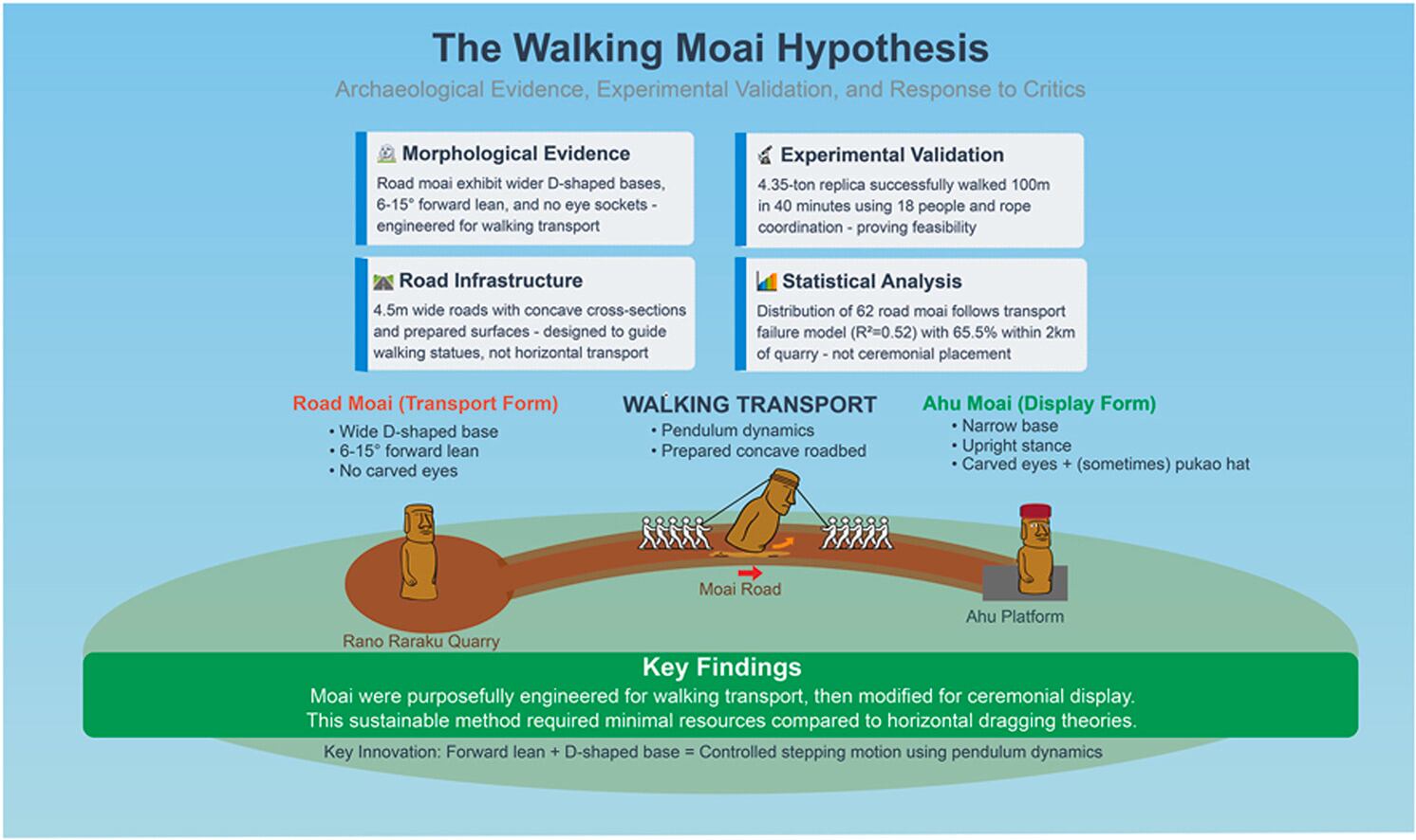 Las estatuas Moai habrían “caminado” con la ayuda de cuerdas y en posición vertical, según experimento realizado por investigadores.