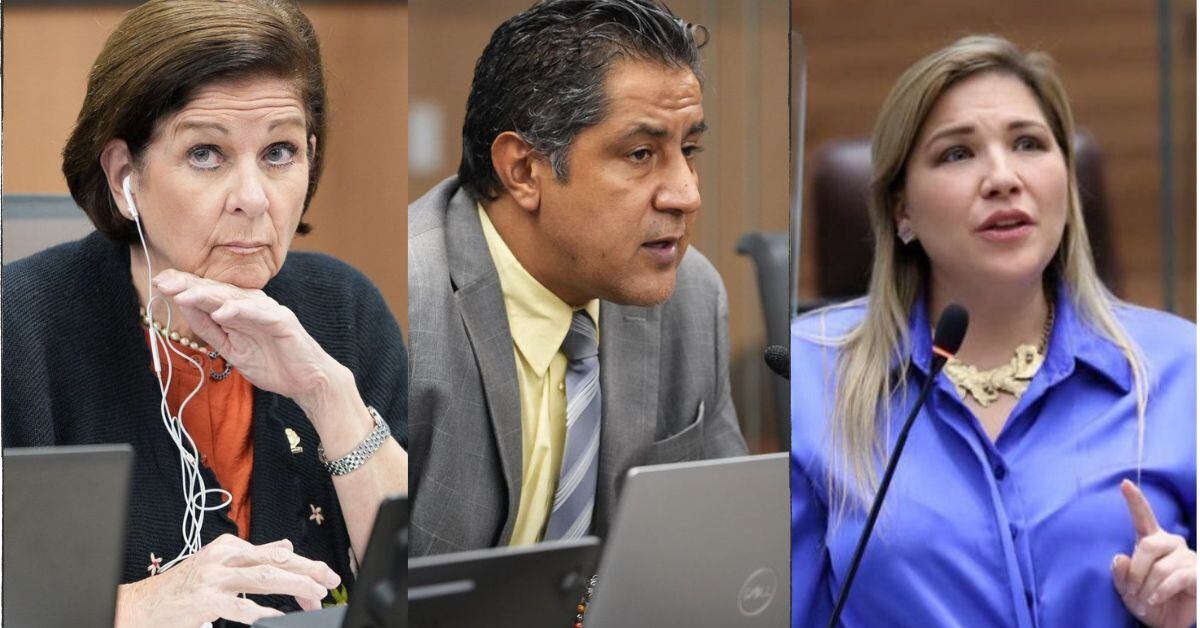 En la imagen, de izquierda a derecha, se observa a la diputada oficialista, Pilar Cisneros; el ministro de Hacienda, Nogui Acosta; y la jefa de fracción del PUSC, María Marta Carballo.