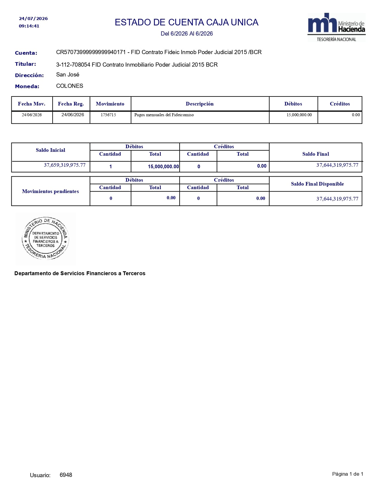 Certificación de la Tesorería Nacional del Ministerio de Hacienda de los recursos disponibles, en caja única, para el fideicomiso del Poder Judicial con el Banco de Costa Rica (BCR).