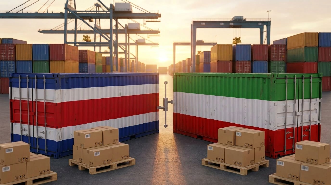 Contenedores con las banderas de Costa Rica e Irán en un puerto, representación del comercio bilateral centrado en exportaciones costarricenses de equipos de precisión y médicos, con balanza comercial favorable en 2025.