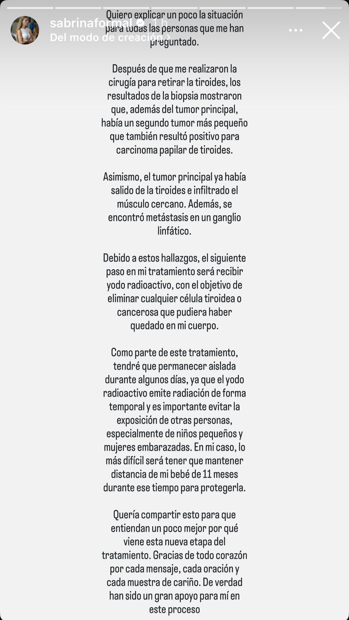 Sabrina Formal explicó este miércoles 5 de agosto qué le dijeron los médicos tras la cirugía que le hicieron por un cáncer de tiroides.