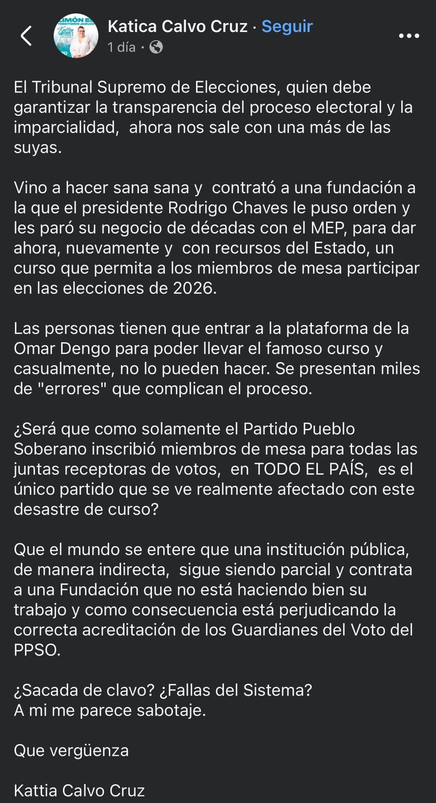 La candidata a diputada por Limón del PPSO, Kattia Calvo, en sus redes sociales.