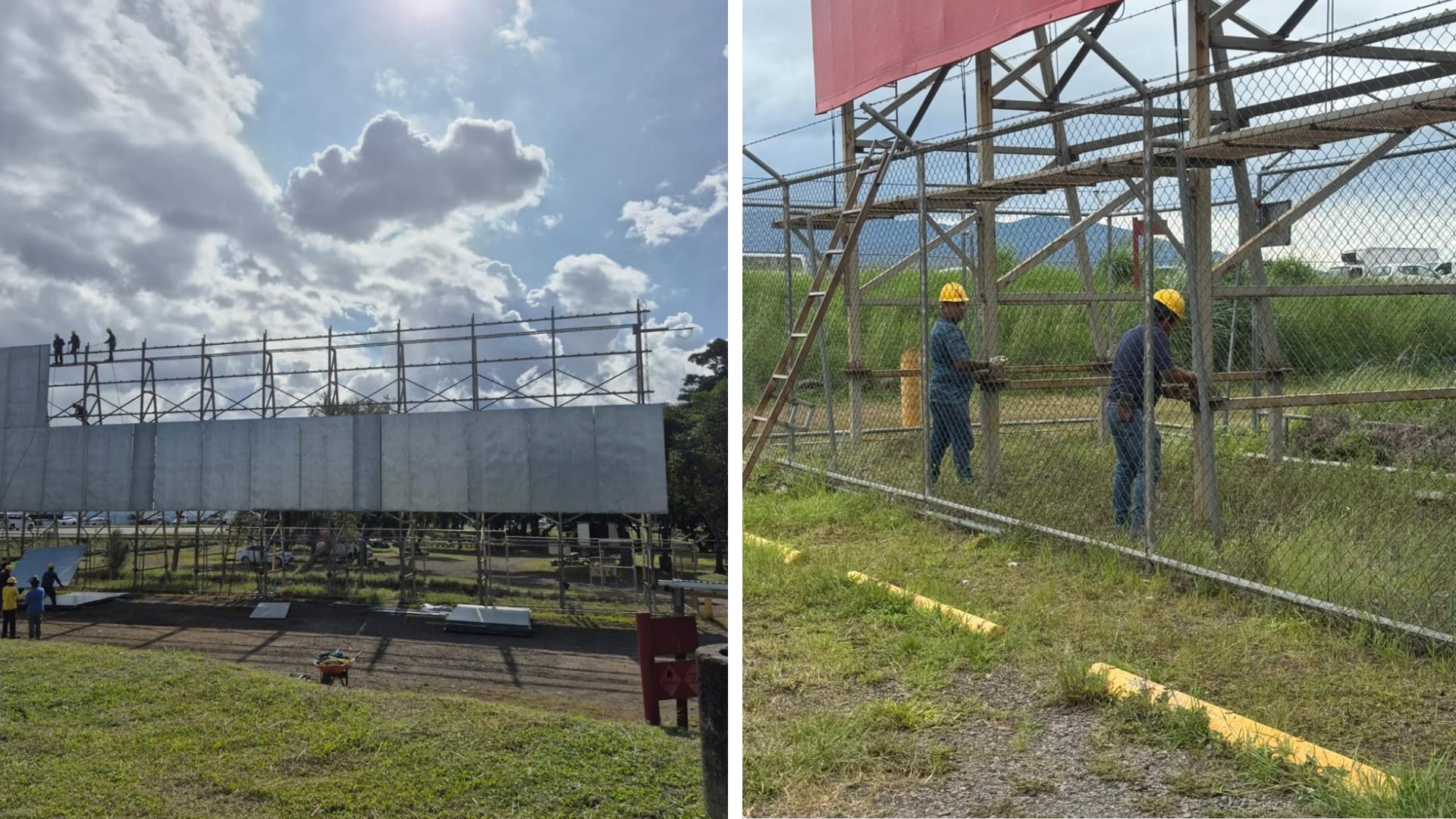 Trabajadores retiran valla de Publiex en Parque del Agricultor, Alajuela, tras orden de la CGR.