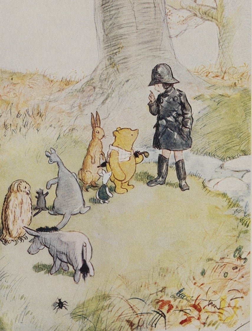 En esta ilustración de 1928 de E. H. Shepard, Winnie-the-Pooh y sus amigos salen de expedición.